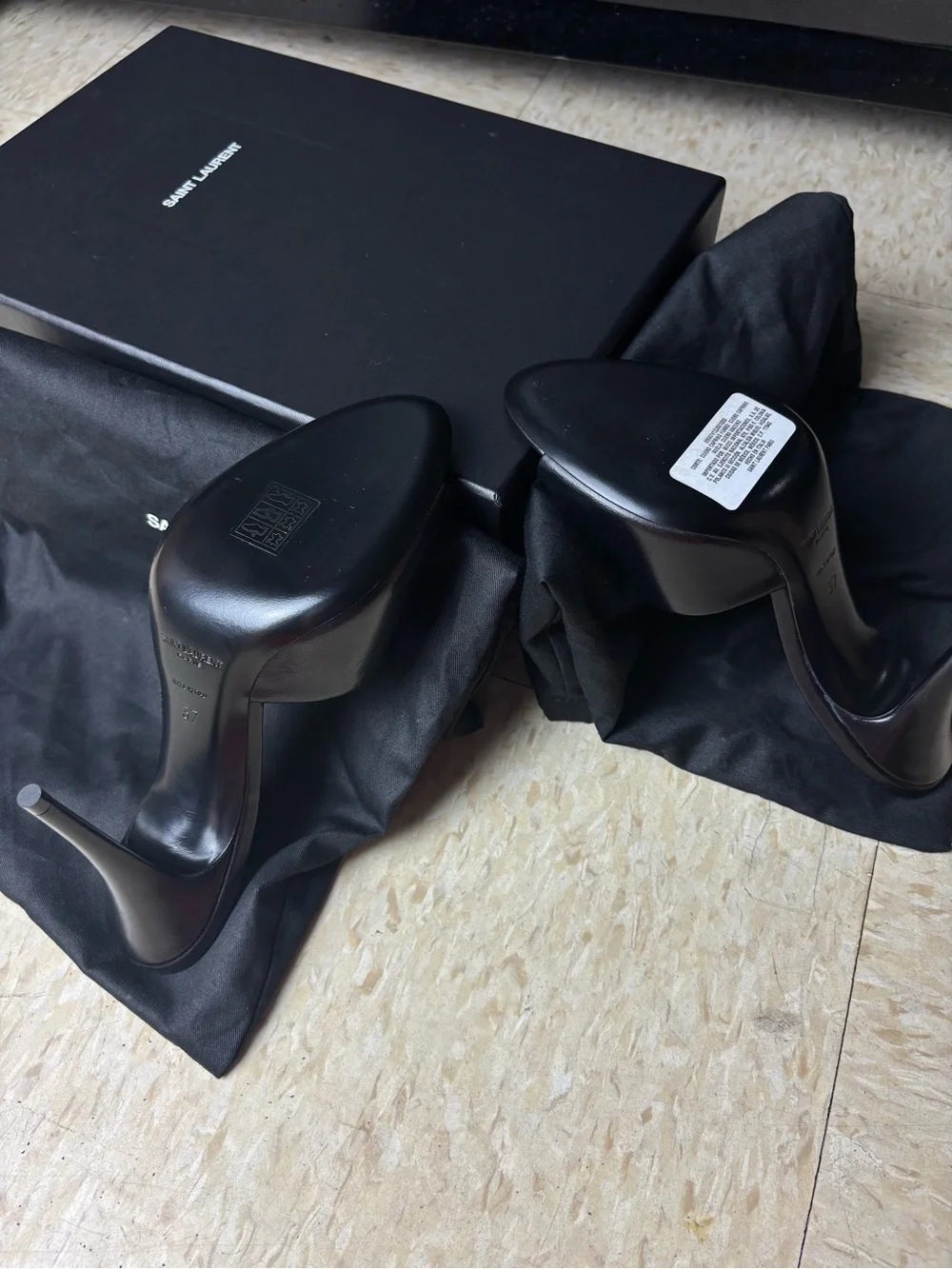 Saint Laurent Black Leather Peep-Toe Mule Heels - Picture 6 of 9